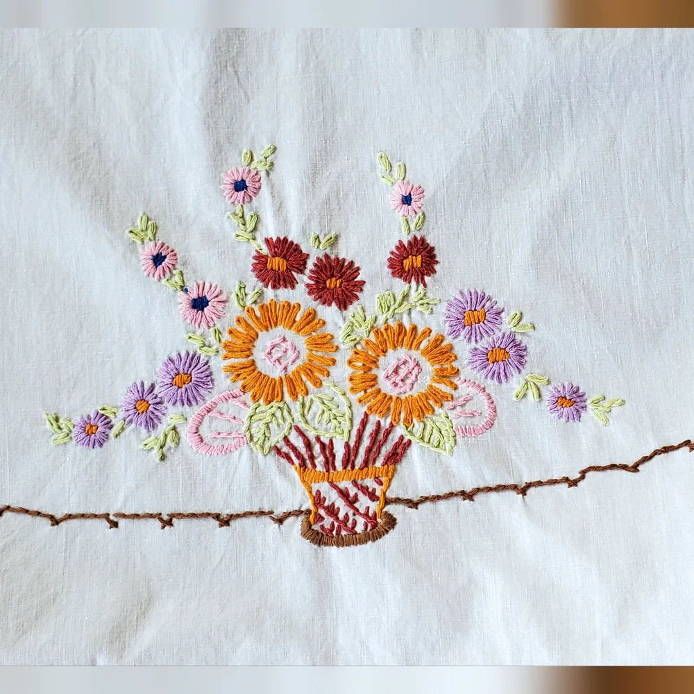 Vintage Handcrafted Needlepoint Flowers Table Runner, Crochet Edge, 37